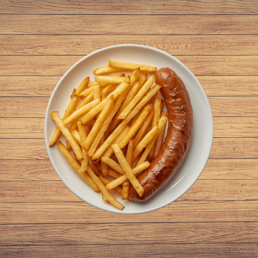 Pommes med pølse
